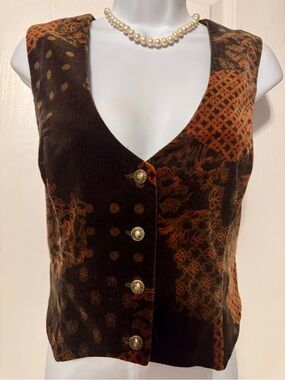 Vintage JCPenney Fashion Patchwork Velvet Vest Size 14 Brown Rust 100% Cotton